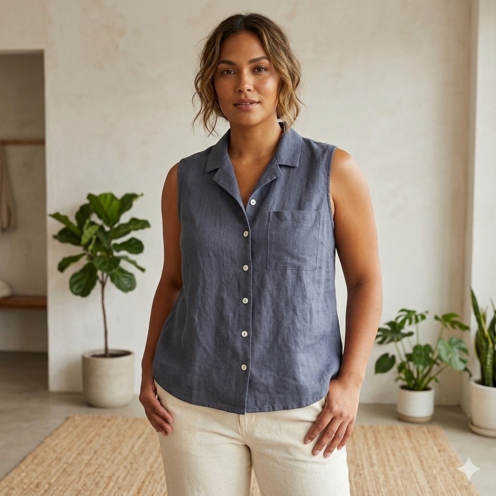 Angels Forever Young Womens Linen Blend Sleeveless Button Down Top Blue Gray M